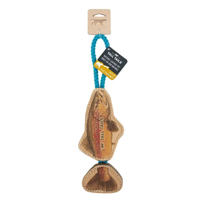 Tall Tails Dog Toy Natural Leather Color Jointed Trout Tug 16"