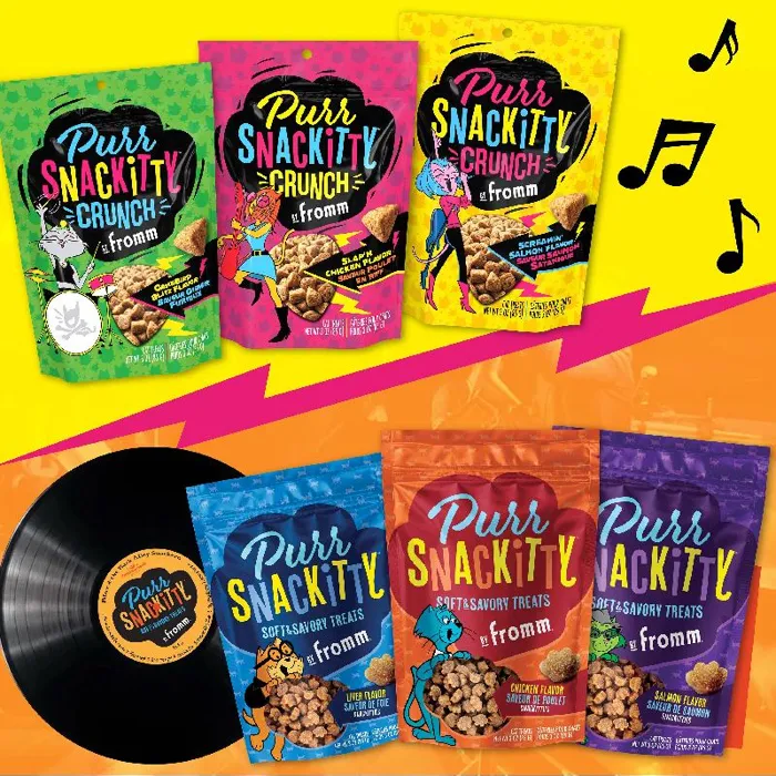 Fromm PurrSnackitty Crunch assorted flavor packaging graphic