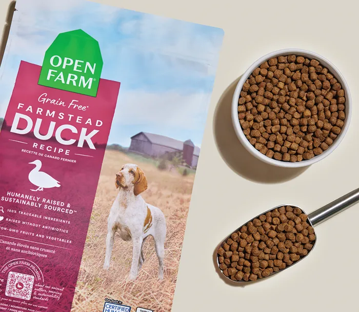 Open Farm Farmstead Duck Grain-Free Dog Food bag and kibble
