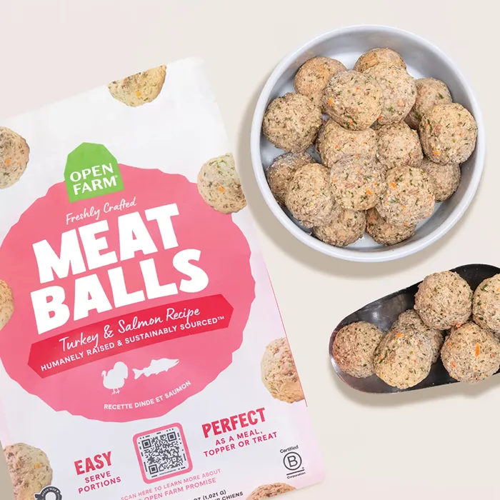Open Farm Turkey & Salmon Meatballs 14-oz bag with meatballs