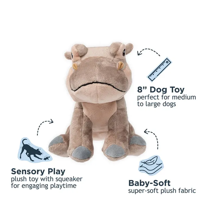 Tall Tails Hippo with Squeaker Dog Toy, 8-inch size infographic