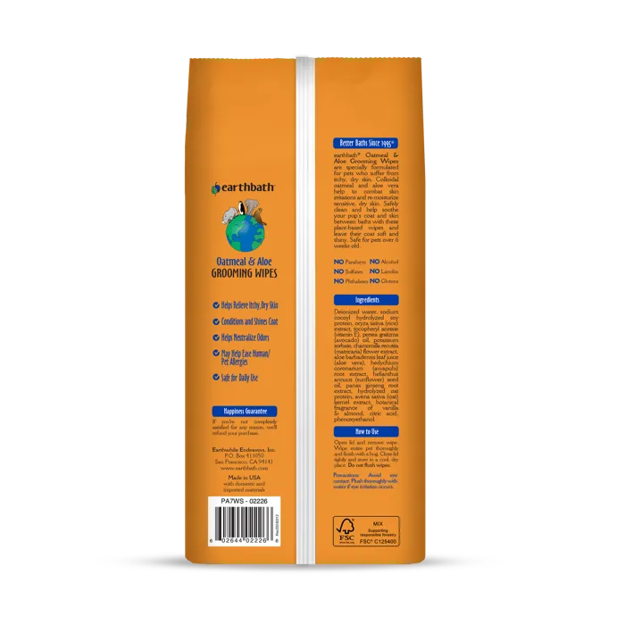 earthbath Oatmeal Aloe Grooming Wipes Vanilla Almond 100 ct back
